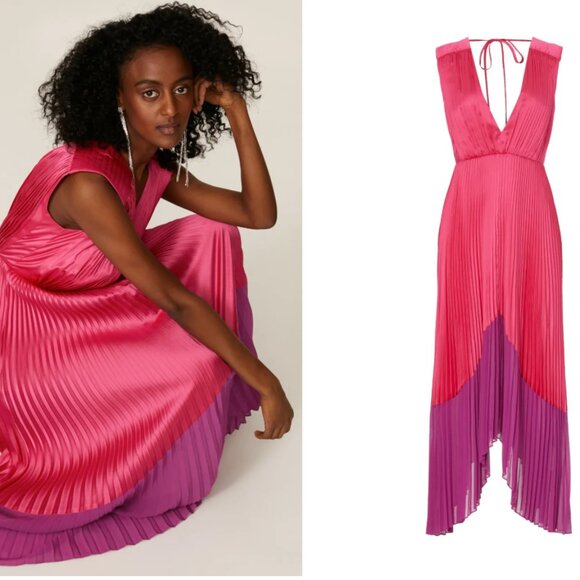 AMUR Dresses & Skirts - AMUR Pink and Purple Pleated V‑Neck Midi Dress